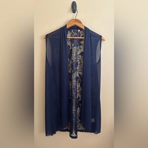 Blue Sleeveless Sheer Kimono Vest with Floral Pattern